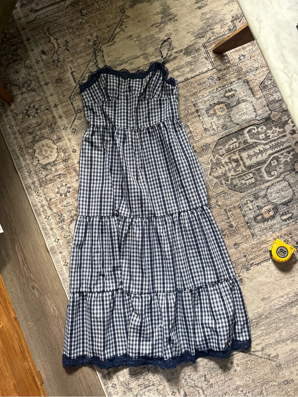 Cider COTTON-BLEND GINGHAM LACE TRIM TIERED SHIRRED MAXI DRESS navy blue XL NEW - Picture 8 of 13